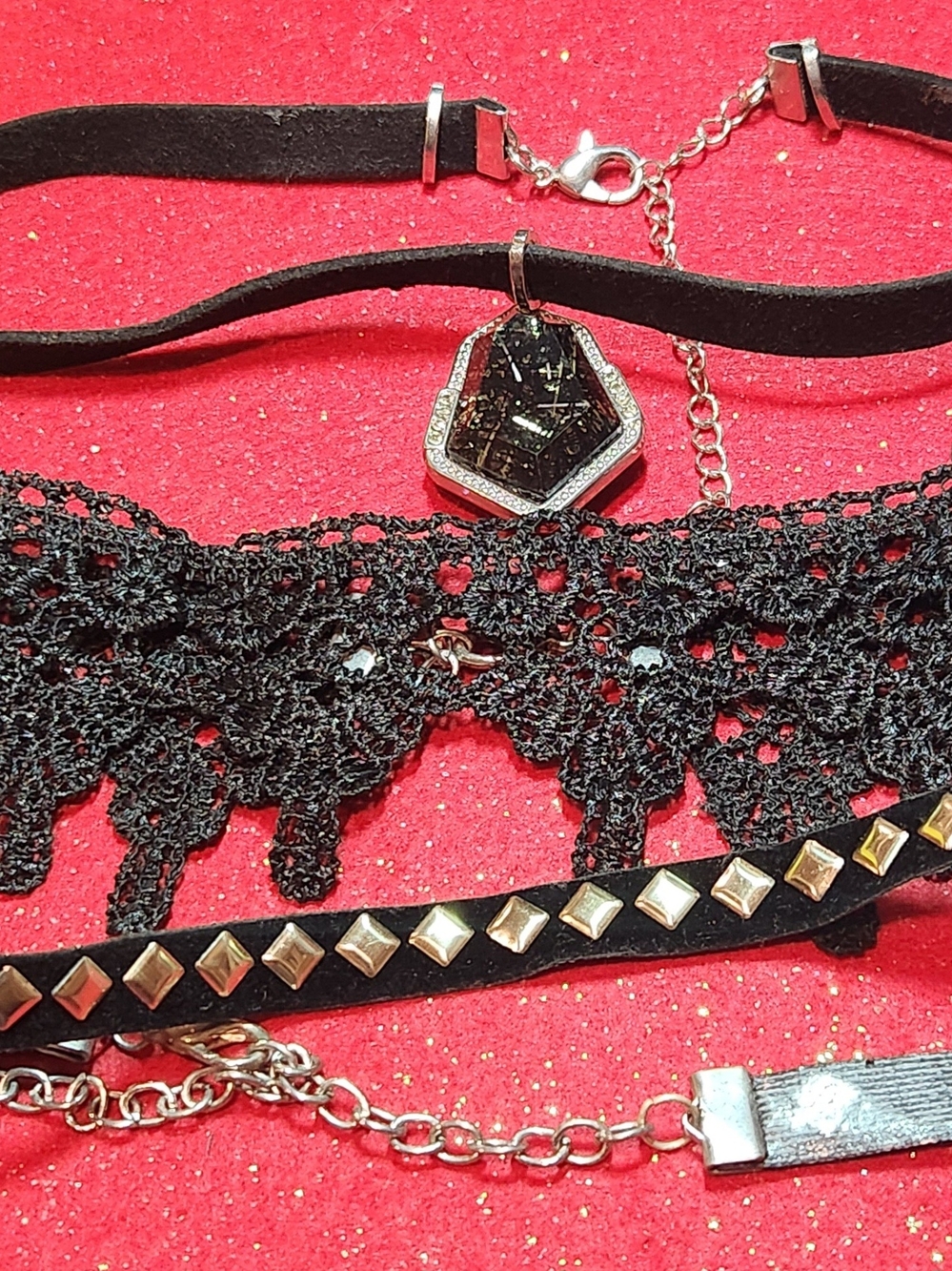 Set Of 3 -Black Lace & Stud Choker Set with Geometric Pendant - Women Jewelry